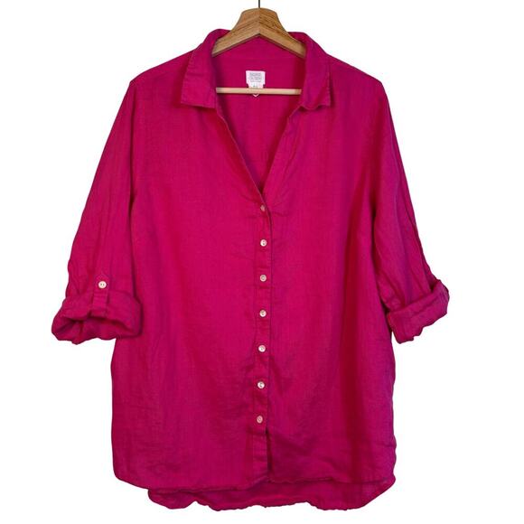 Sigrid Olsen Button Down Linen Shirt Sz 1X Hot Pink Breathable Relaxed Roll tab - Picture 1 of 10